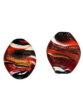 Handcrafted Lampwork Glass Beads - Red Black & Gold Glitter Swirl 2 Pcs Oval Sha